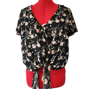 PAPAYA Black Wrap V Neck Floral Short Sleeve Blouse Size L